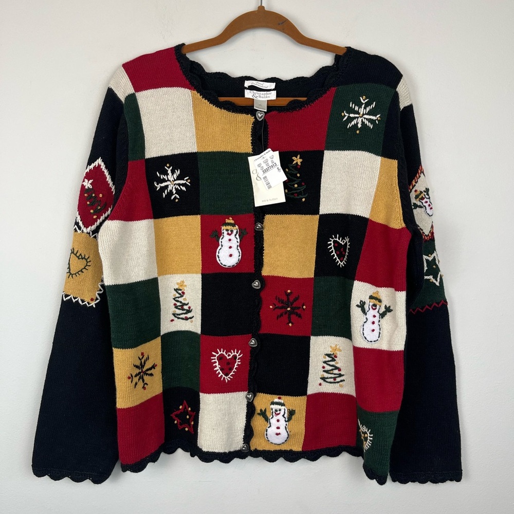 NWT Christopher & Banks Patchwork Cardigan XL Holiday Christmas Festive Y2K